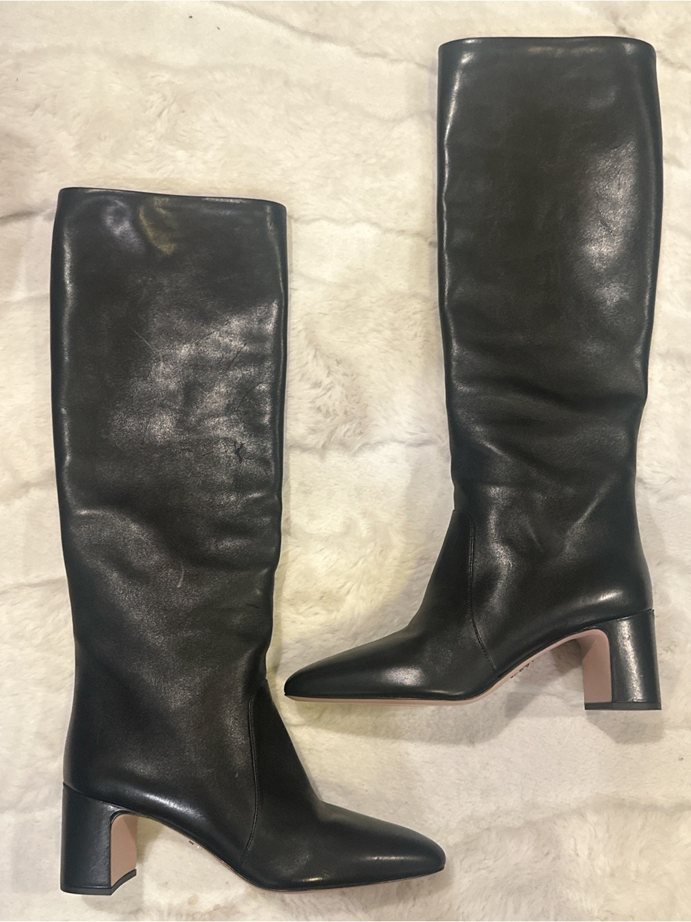 Prada Black Leather Knee-High Block Heel Boots